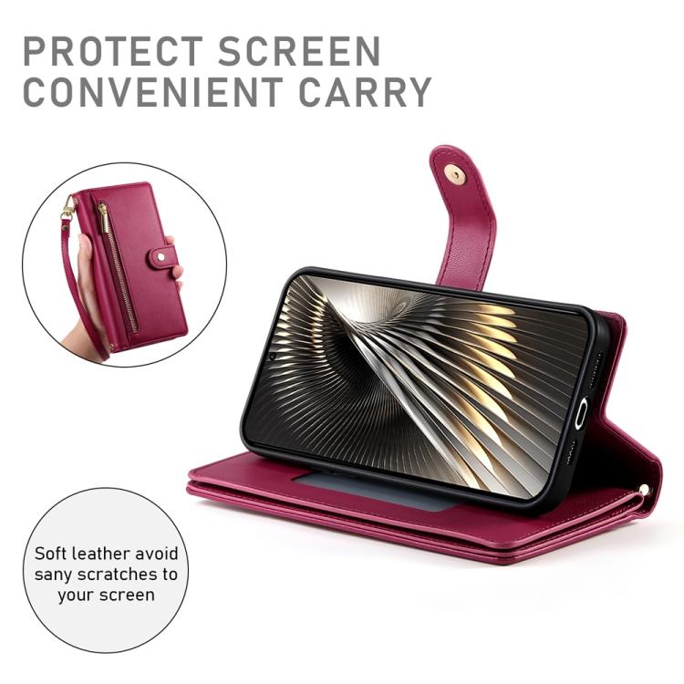Funda de cuero con cremallera y ranura para tarjetas para Redmi Turbo 4 Pro y Xiaomi Poco F7 (rojo)