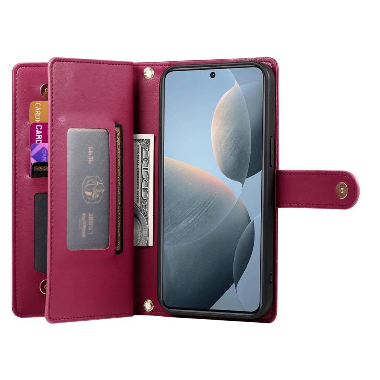 Funda de cuero con cremallera y ranura para tarjetas para Redmi K80/K80 Pro (rojo)
