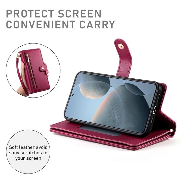 Funda de cuero con cremallera y ranura para tarjetas para Redmi K80/K80 Pro (rojo)