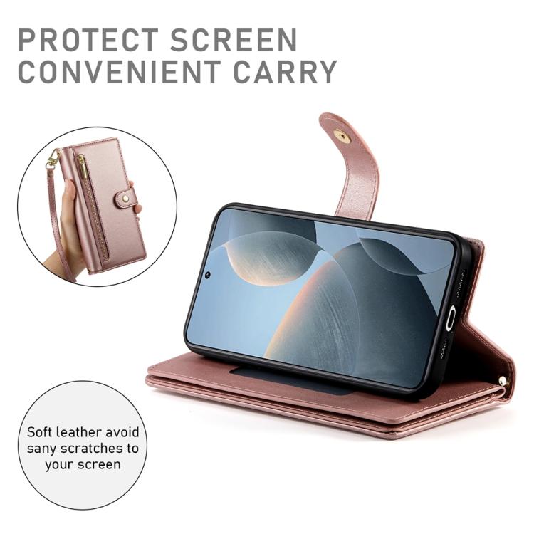 Funda de cuero con cremallera y ranura para tarjetas para Redmi K80/K80 Pro (rosa)