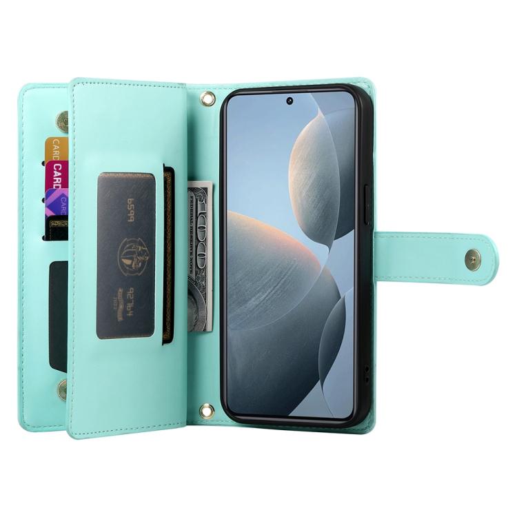 Funda de cuero con cremallera y ranura para tarjetas para Redmi K80/K80 Pro (verde menta)