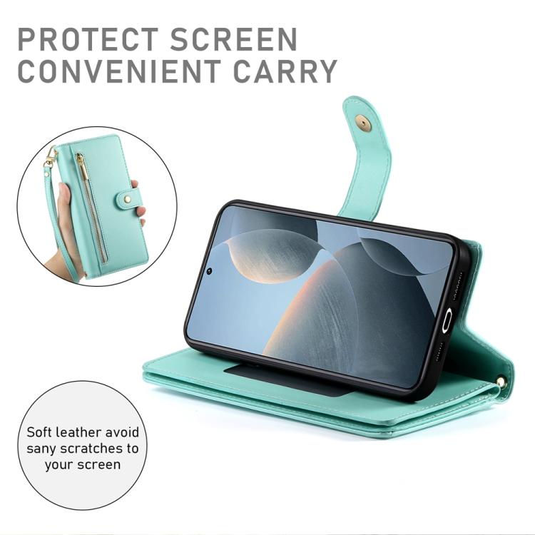 Funda de cuero con cremallera y ranura para tarjetas para Redmi K80/K80 Pro (verde menta)
