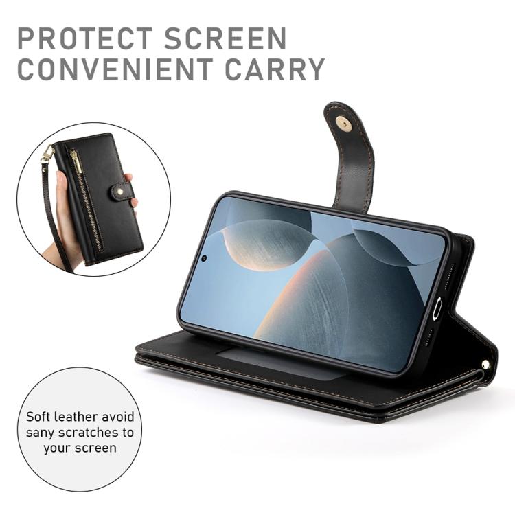 Funda de cuero con cremallera y ranuras para tarjetas para Redmi K80/K80 Pro (negra)