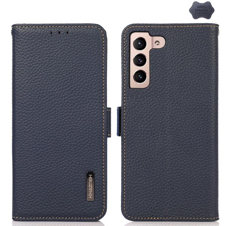 Funda de cuero genuino KHAZNEH con imán lateral y RFID para Samsung Galaxy S25 FE 5G (azul)