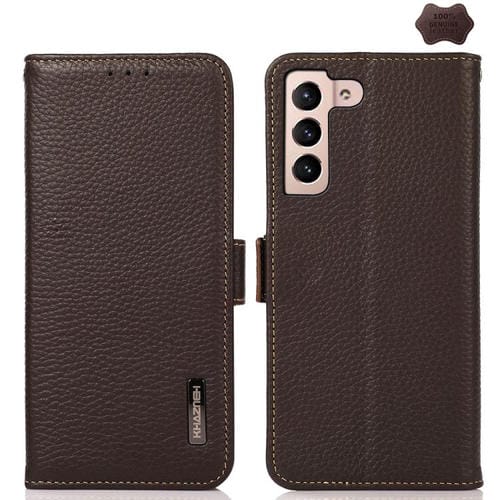 Funda de cuero genuino KHAZNEH con imán lateral y RFID para Samsung Galaxy S25 FE 5G (marrón)