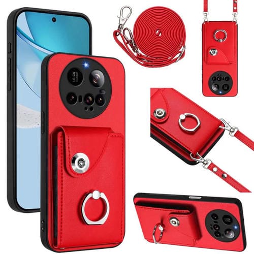 Funda para Xiaomi 15 Ultra con tarjetero y anillo para teléfono con cordón largo (roja)