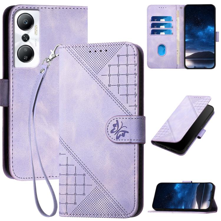Funda de Cuero para Infinix Hot 20 4G con Diseño de Mariposa En Relieve y Cordón (Morado Claro)
