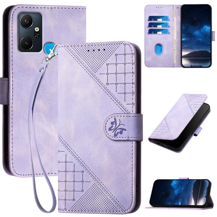 Funda de Cuero para Infinix Smart 6 Plus con Diseño de Mariposa en Relieve y Cuadrícula (Morado Claro)
