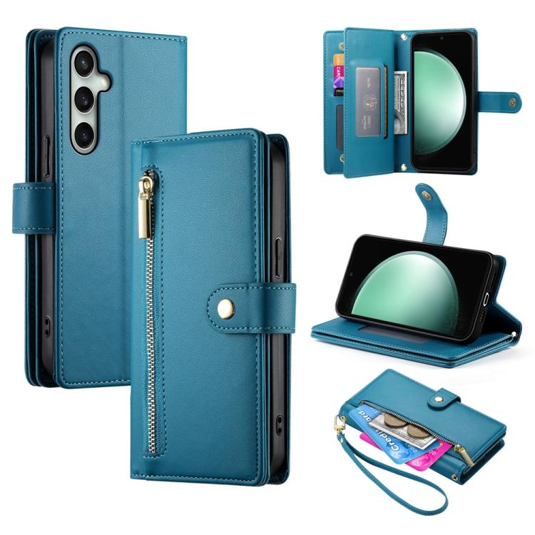 Funda de cuero con cremallera y nueve ranuras para tarjetas para Samsung Galaxy S25 FE 5G (azul)