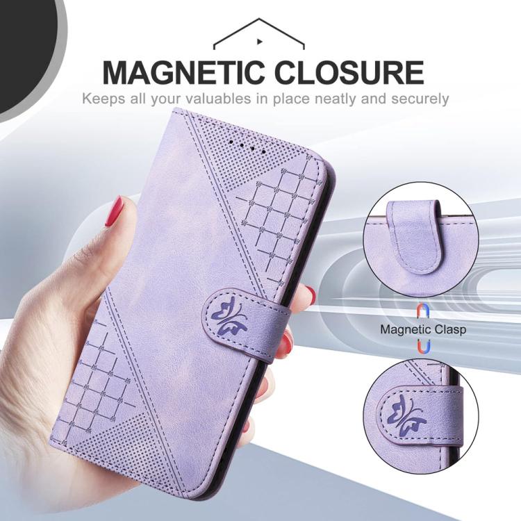 Funda de Cuero Huawei P50 con Diseño de Mariposa En Relieve y Cordón (Morado Claro)