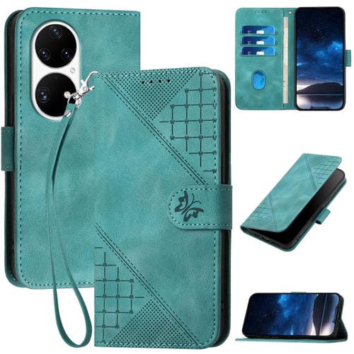 Funda de Cuero para Huawei P50 Pro con Diseño de Mariposa en Relieve y Cordón (Azul Claro)