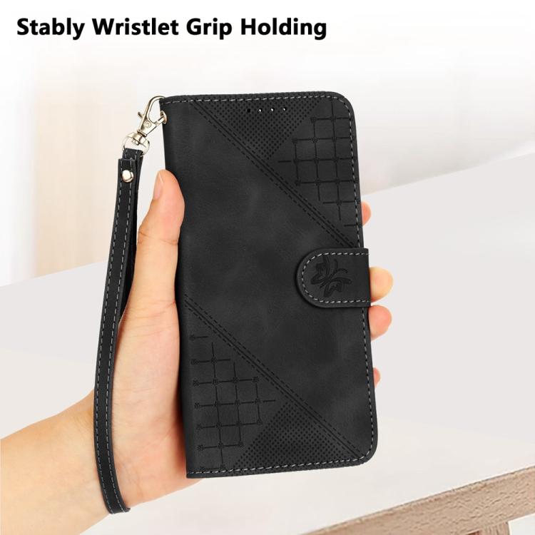 Funda de Cuero para Huawei Enjoy 50/Nova Y70 con Diseño Mariposa en Relieve y Cordón (Negro)