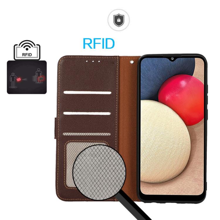 Funda de cuero con textura de lichi KHAZNEH RFID para Samsung Galaxy XCover7 Pro (marrón)