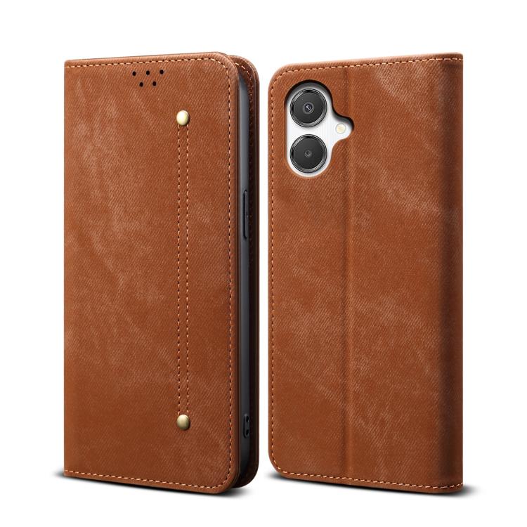 Funda de cuero con tapa horizontal y textura vaquera para Samsung Galaxy A07 4G (marrón)