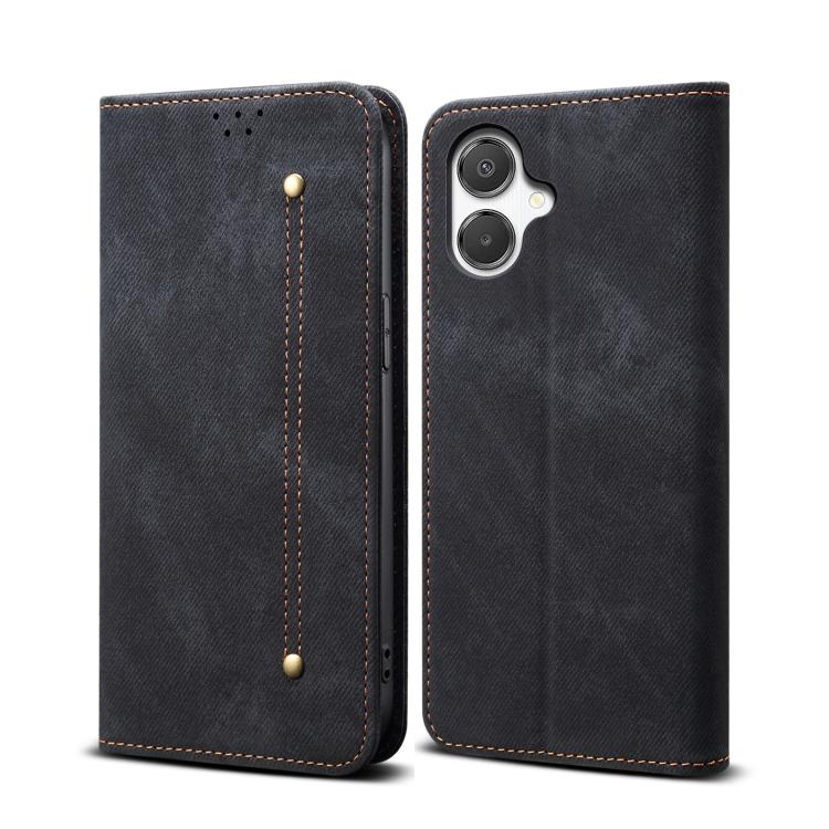 Funda de cuero con tapa horizontal y textura vaquera para Samsung Galaxy A07 4G (negro)