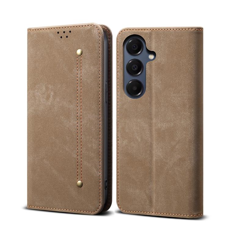 Funda de cuero con tapa horizontal y textura vaquera para Samsung Galaxy A17 5G (caqui)