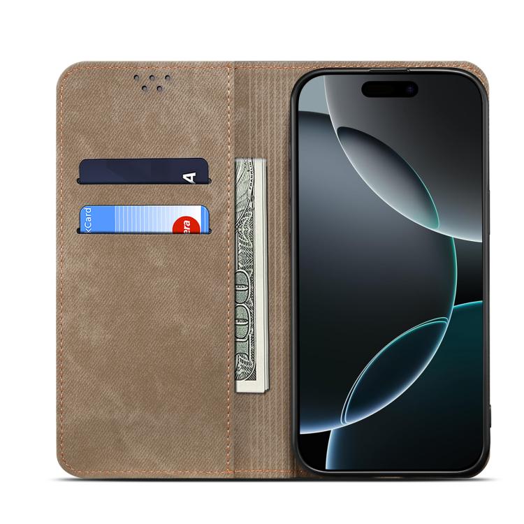 Funda de cuero con tapa horizontal y textura vaquera para Samsung Galaxy A17 5G (caqui)
