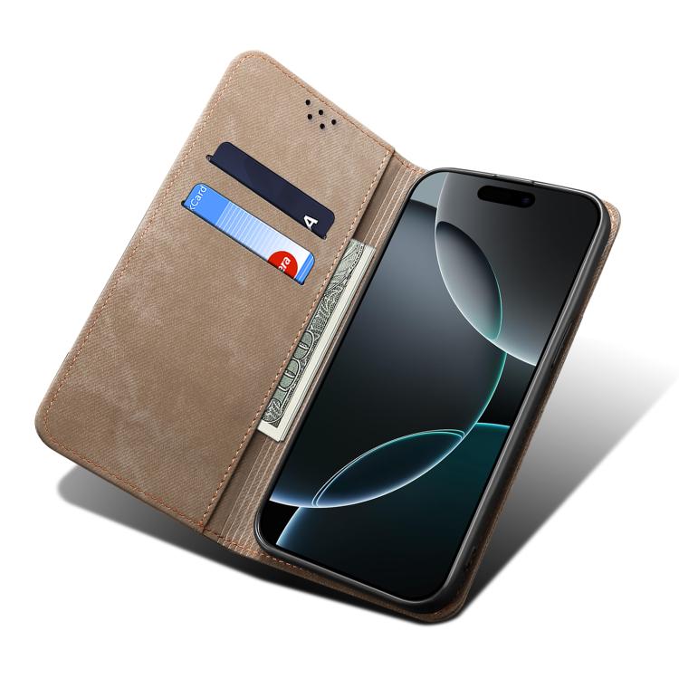 Funda de cuero con tapa horizontal y textura vaquera para Samsung Galaxy A17 5G (caqui)