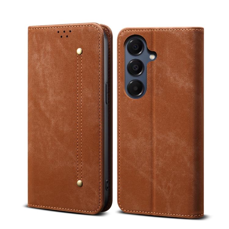 Funda de cuero con tapa horizontal y textura vaquera para Samsung Galaxy A17 5G (marrón)