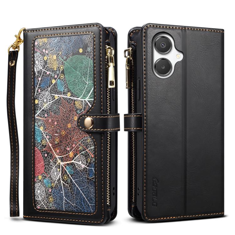 Funda de cuero RFID con cremallera y cordón para Samsung Galaxy A07 4G ESEBLE Star Series (negro)