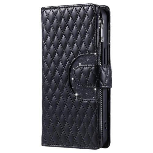 Funda de cuero tipo billetera con cremallera y diseño de celosía brillante para Samsung Galaxy A17 5G (negra)