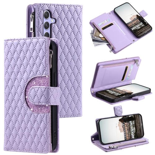 Funda de cuero tipo billetera con cremallera y diseño de celosía brillante para Samsung Galaxy A17 5G (morado)