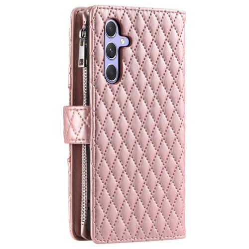 Funda de cuero tipo billetera con cremallera y diseño de celosía brillante para Samsung Galaxy A17 5G (oro rosa)
