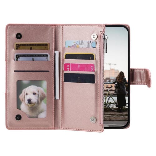 Funda de cuero tipo billetera con cremallera y diseño de celosía brillante para Samsung Galaxy A17 5G (oro rosa)