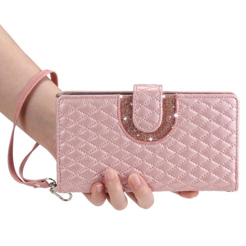 Funda de cuero tipo billetera con cremallera y diseño de celosía brillante para Samsung Galaxy A17 5G (oro rosa)