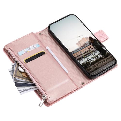 Funda de cuero tipo billetera con cremallera y diseño de celosía brillante para Samsung Galaxy A17 5G (oro rosa)