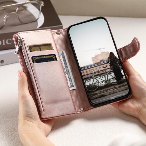 Funda de cuero tipo billetera con cremallera y diseño de celosía brillante para Samsung Galaxy A17 5G (oro rosa)