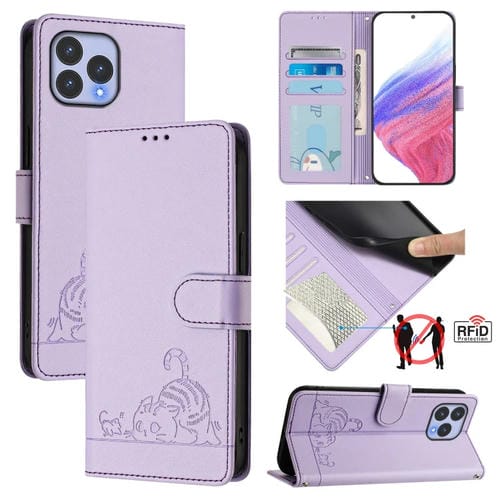Funda de Cuero Rfid para Teléfono Wiko T60 con Relieve de Rata y Gato y Cordón (Morado)
