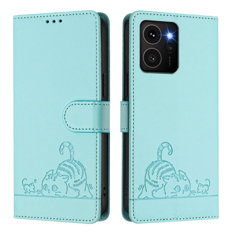 Funda de Cuero Rfid para Teléfono HMD Skyline con Relieve de Gato y Rata y Cordón (Verde Menta)