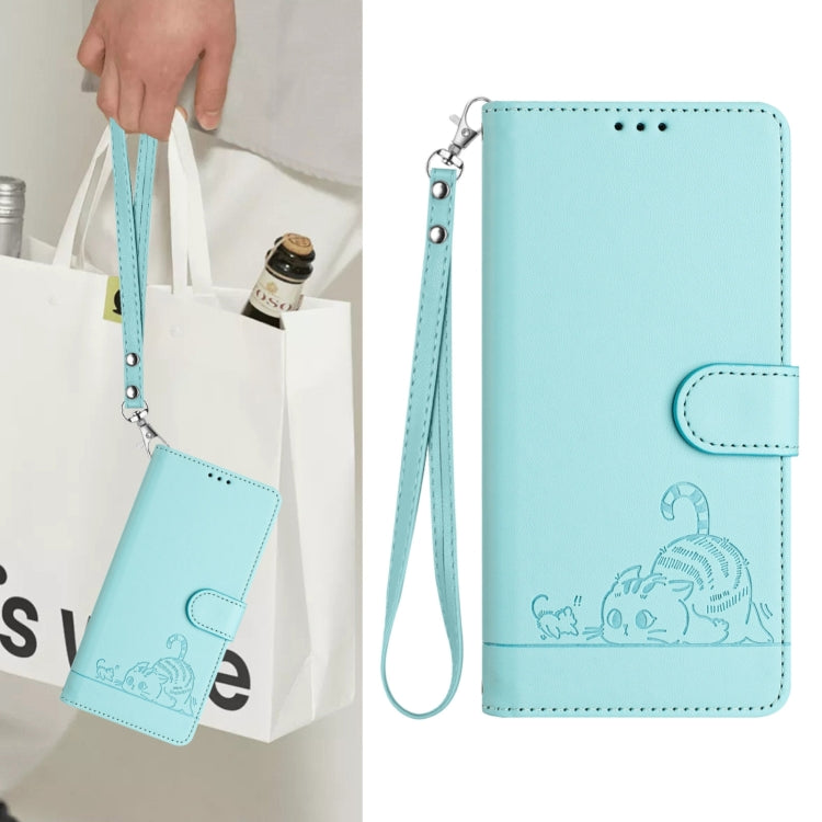 Funda de Cuero Rfid para Teléfono HMD Skyline con Relieve de Gato y Rata y Cordón (Verde Menta)