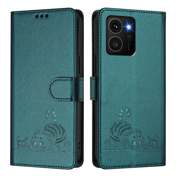 Funda de Cuero Rfid para Teléfono HMD Skyline con Relieve de Gato y Rata y Cordón (Verde Pavo Real)