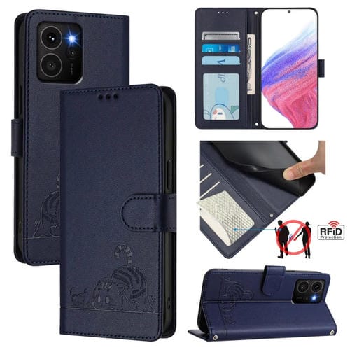 Funda de Cuero Rfid con Relieve Gato y Rata para Teléfono HMD Skyline con Cordón (Azul)