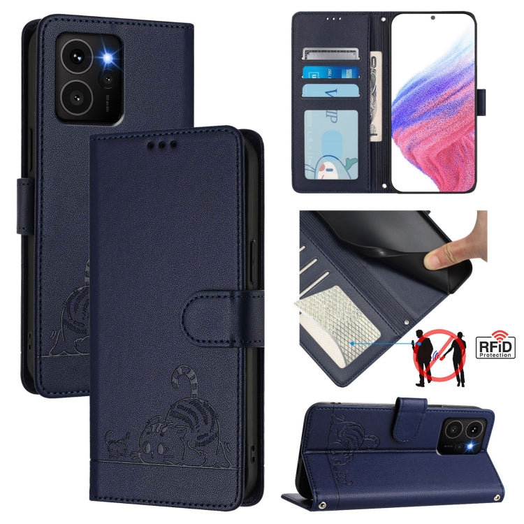 Funda de Cuero Rfid con Relieve Gato y Rata para Teléfono HMD Skyline con Cordón (Azul)