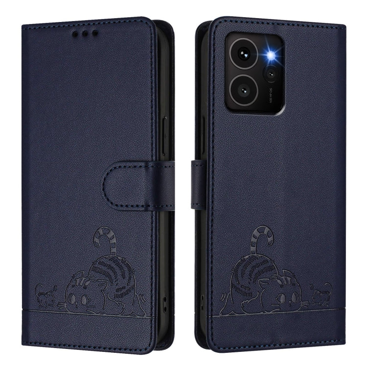Funda de Cuero Rfid con Relieve Gato y Rata para Teléfono HMD Skyline con Cordón (Azul)