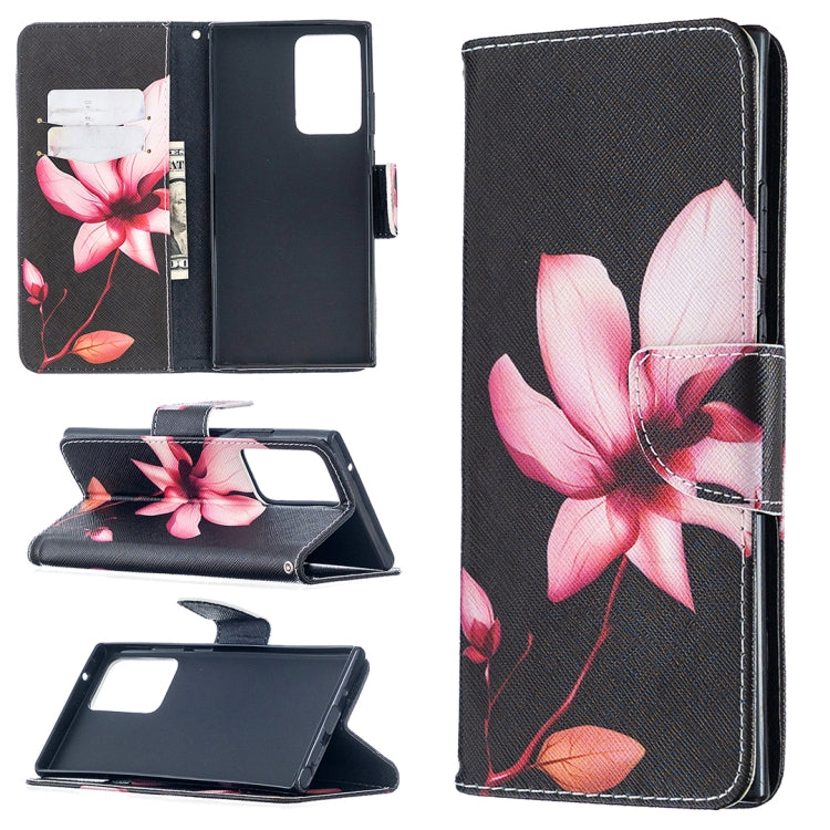 Estuche de Cuero Samsung Galaxy Note20 con Tapa Horizontal, Patrón de Dibujo Ultra Coloreado, Soporte, Ranuras para Tarjetas y Billetera (Lotus)