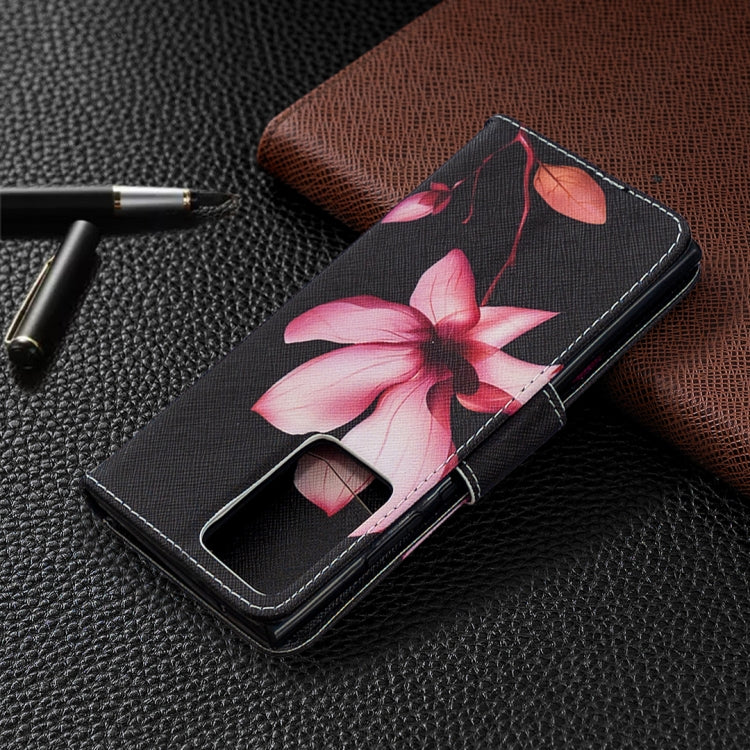 Estuche de Cuero Samsung Galaxy Note20 con Tapa Horizontal, Patrón de Dibujo Ultra Coloreado, Soporte, Ranuras para Tarjetas y Billetera (Lotus)