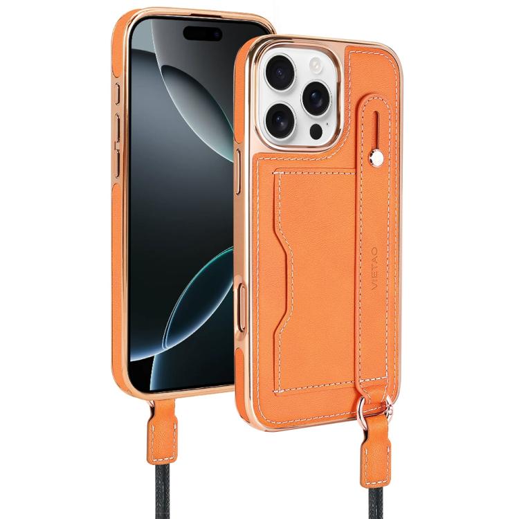 Funda para Teléfono Vietao iPhone 16 Pro con Ranura para Tarjeta y Correa para Muñeca (Naranja)