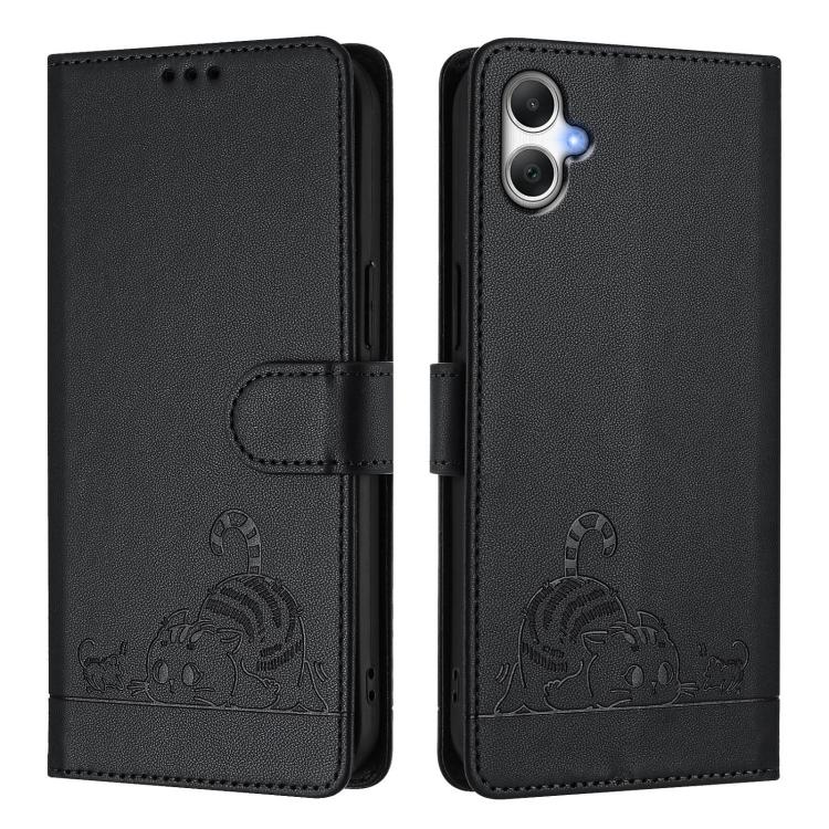 Funda de cuero RFID con estampado de gato y rata para Samsung Galaxy A07 4G, con cordón (negra)