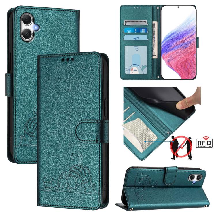 Funda de cuero RFID con estampado de gato y rata para Samsung Galaxy A07 4G, con cordón (verde pavo real)
