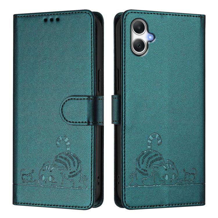 Funda de cuero RFID con estampado de gato y rata para Samsung Galaxy A07 4G, con cordón (verde pavo real)