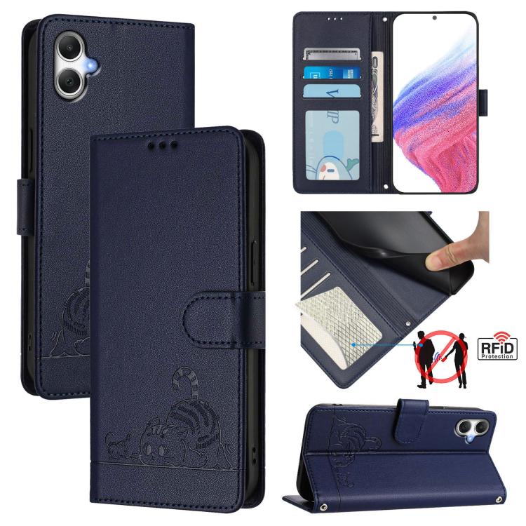 Funda de cuero RFID con estampado de gato y rata para Samsung Galaxy A07 4G, con cordón (azul)
