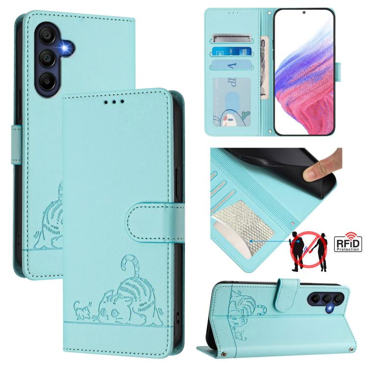 Funda de cuero RFID con estampado de gato y rata para Samsung Galaxy A17 5G, con cordón (verde menta)