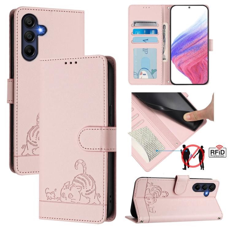 Funda de cuero RFID con estampado de gato y rata para Samsung Galaxy A17 5G, con cordón (rosa)