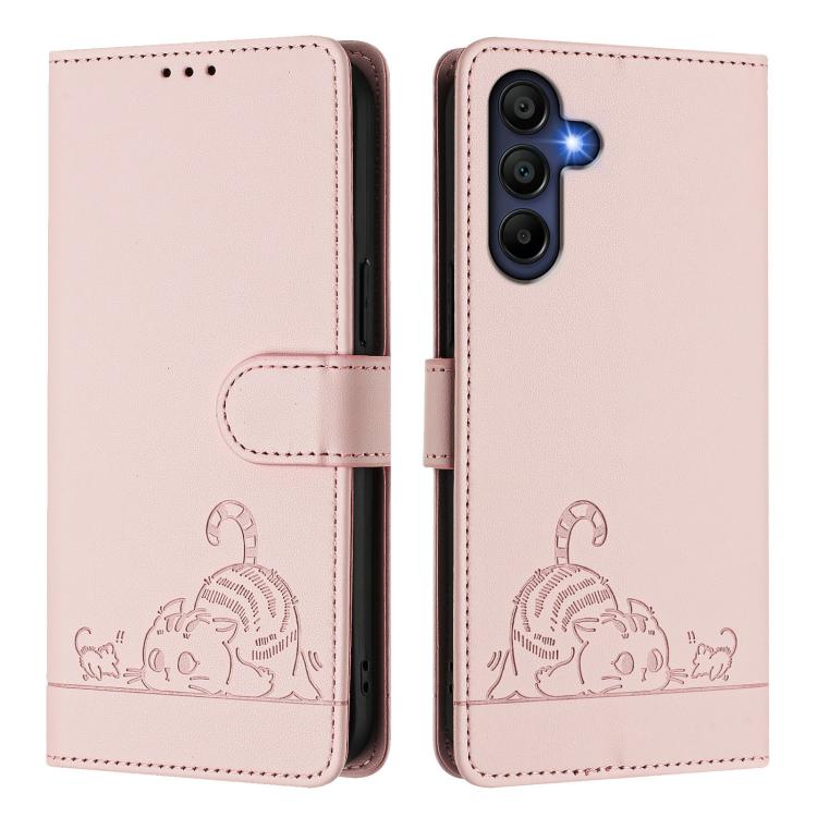 Funda de cuero RFID con estampado de gato y rata para Samsung Galaxy A17 5G, con cordón (rosa)