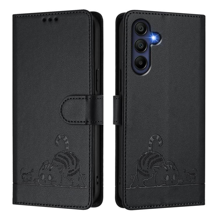 Funda de cuero RFID con estampado de gato y rata para Samsung Galaxy A17 5G, con cordón (negra)