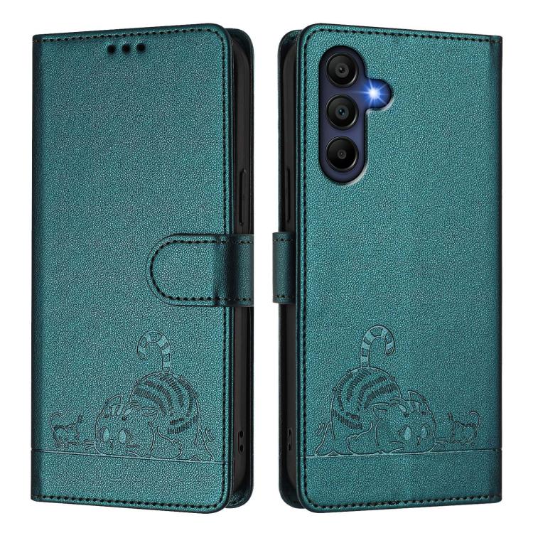 Funda de cuero RFID con estampado de gato y rata para Samsung Galaxy A17 5G, con cordón (verde pavo real)